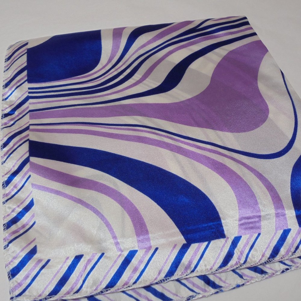 Vintage Scarf 19" Square Satin purple blue psychedelic wave print neckerchief - Picture 4 of 4